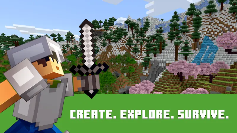 Minecraft APK world with snowy mountains, spruce forests and cherry trees
