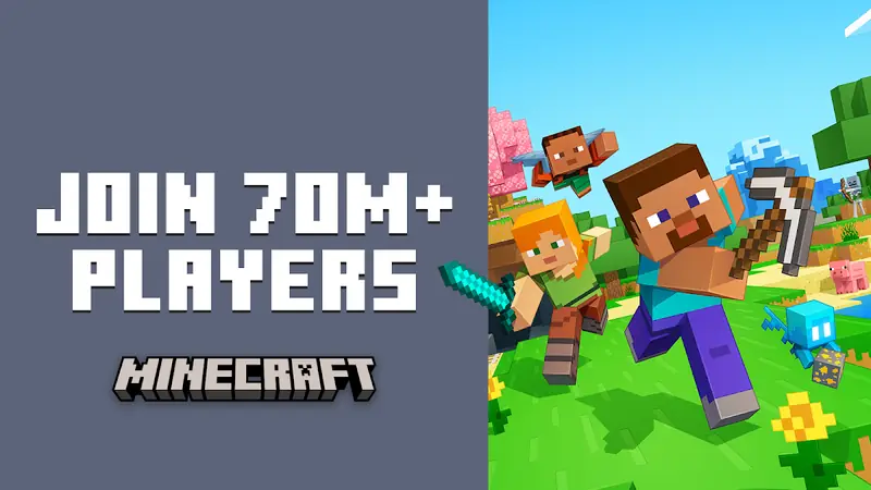 Classic Minecraft characters Steve and Alex running through a colorful world